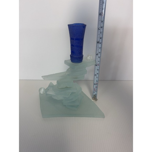 Modern Abstract Stacked Glass Candlestick Holder Blue Clear Frosted 7.5" - Picture 6 of 7